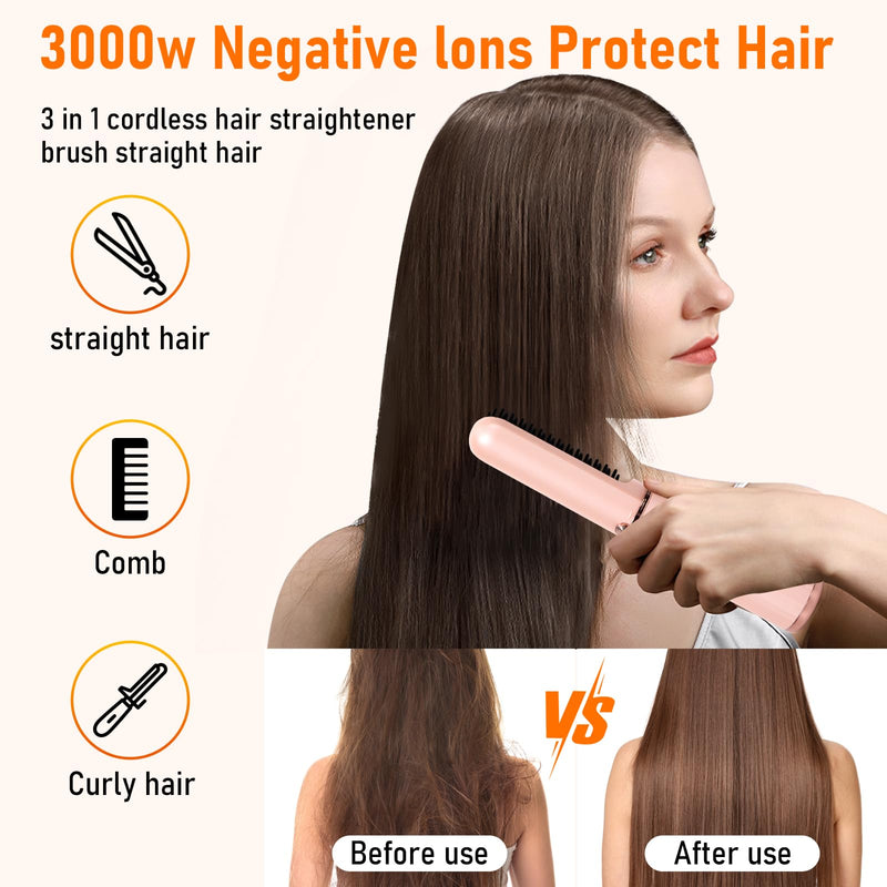 Cordless Hair Straightener Brush, Portable Hot Comb Hair Straightener Negative Ion Hair Straighteners Comb for Women 4 Temperature Beard Straightener Brush USB Rechargeable Anti-Scald Auto-Off