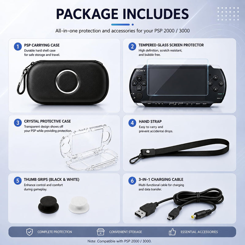 7-in-1 Accessories Kit for PlayStation Portable 2000/3000-Black Carrying Case with Screen Protector, crystal protective cover ,2 joystick caps, charging Cable & wristband hanging rope
