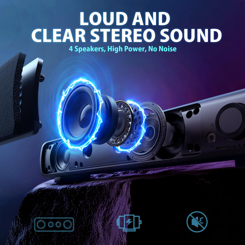 Computer Speakers, USB Powered 3.5mm AUX PC Sound Bar for Desktop Monitor, Gaming Speakers with Headphones & Microphone Link, Superb Stereo Sound, Plug-n-Play (Black) Black