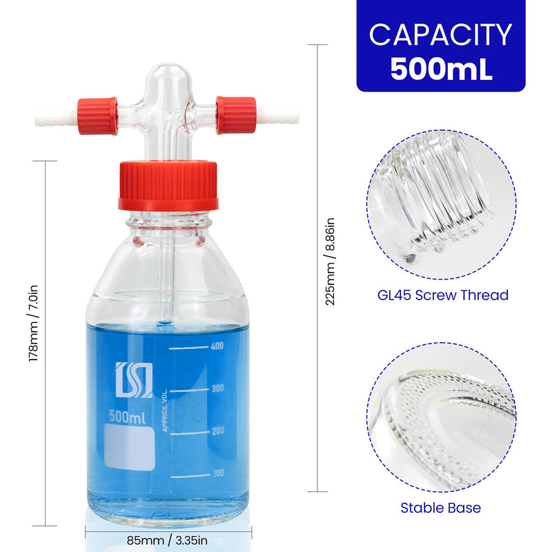 ALWSCI Lab Vacuum Gas Washing Bottle, 500mL Graduated Lab Buffer Bottle, Vacuum Wash Bottle Glass,Drechsel Head GL45 with Gas bubber tube Adjustable Immersion, 2 threads GL14 PBT Red Screw Cap, 1set 16.9 Ounces