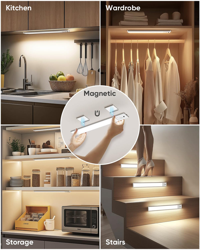 Under Cabinet Lighting Wireless, 2200mAh Rechargeable Battery Operated Motion Sensor Light Indoor, 3 Color Temps Under Counter Light, Dimmable Wireless Closet Lights w/Remote for Kitchen,Pantry,4 Pack White-10 Inch 4 Pack