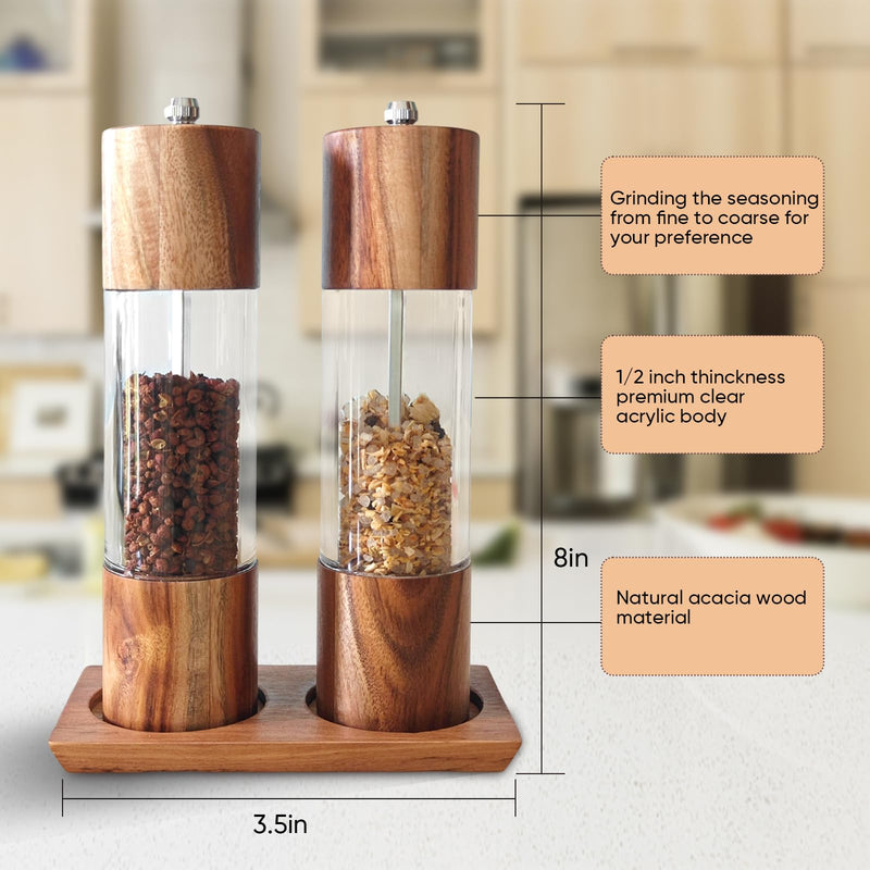 Acrylic Salt and Pepper Grinder Set With Wooden Tray, Manual Salt and Pepper Mills,Wooden Pepper Grinder with Adjustable Ceramic Core,8 Inches,Pack of 2 Acrylic wood 8 inch