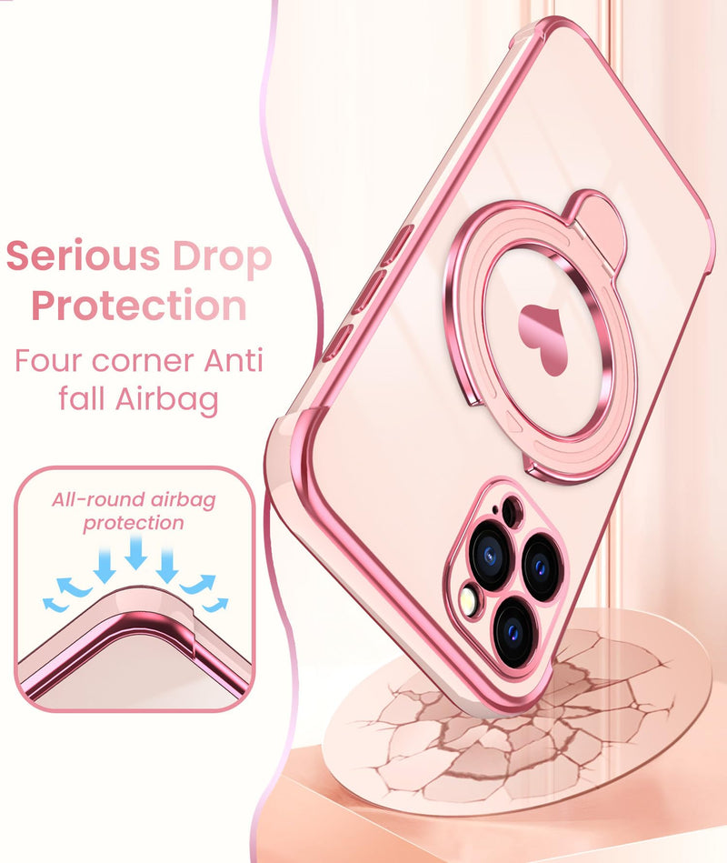 Cute Plated Gold Women Phone Case for iPhone 15 Pro Max - Pink | Screen Protector+Ring Metal Kickstand,Love Heart Pattern,Slim Soft TPU Full Camera Protection Cover for iPhone 15 Pro Max Thermoplastic Polyurethane,Polycarbonate