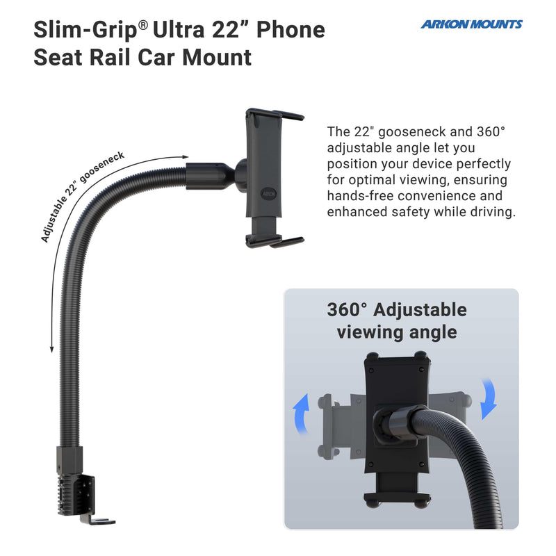 Arkon Mounts - Car Seat Rail Phone or Tablet Mount | Flexible Positioning | 22" Gooseneck | 360° Adjustability | Tablet Holder fits iPhone, Galaxy, Note and more | Up to 8" Screen Size