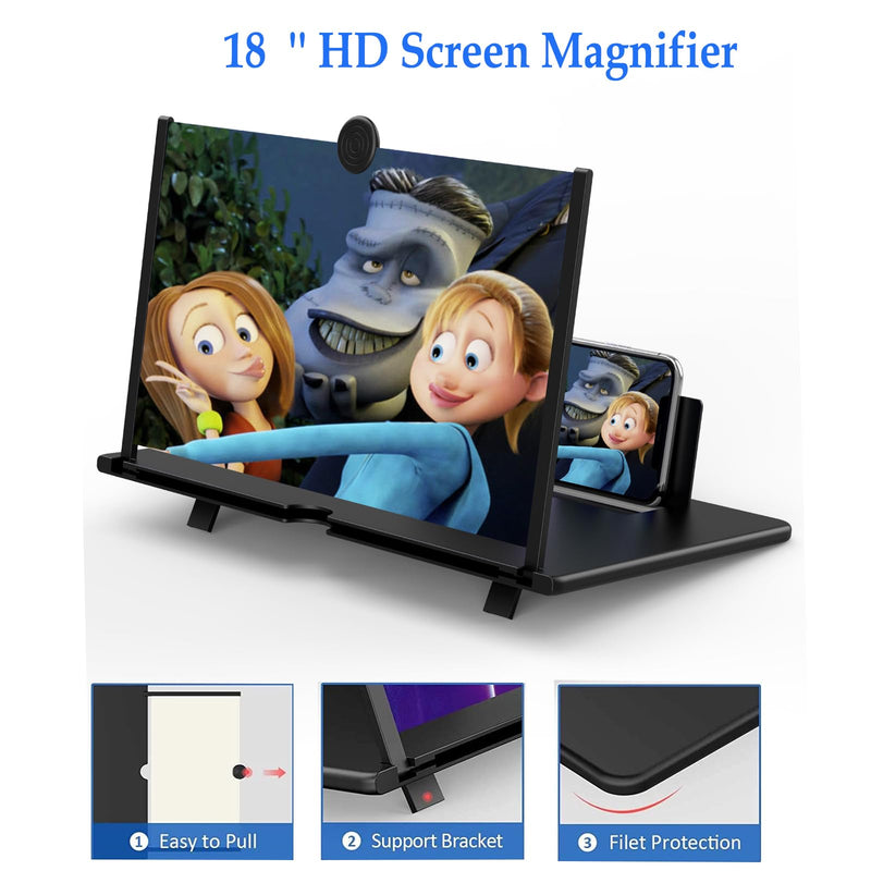 18" Screen Magnifier for Mobile Phone,3D HD Cell Phone Magnifying Projector Screen Enlarger for Movies, Videos, and Gaming,Foldable Phone Stand with Screen Amplifier,Supports All Smartphones (Black) Black-18inch