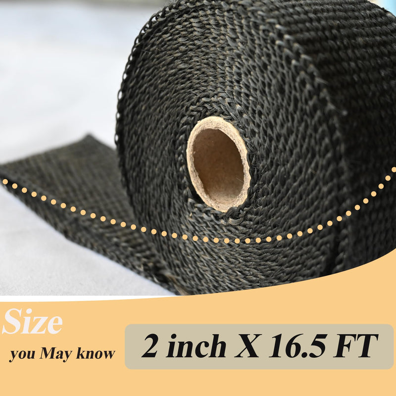 Exhaust Heat Tape Wrap, 2" x 16.5' Black Exhaust Heat Wrap Roll for Motorcycle Fiberglass Heat Shield Tape with Stainless Ties