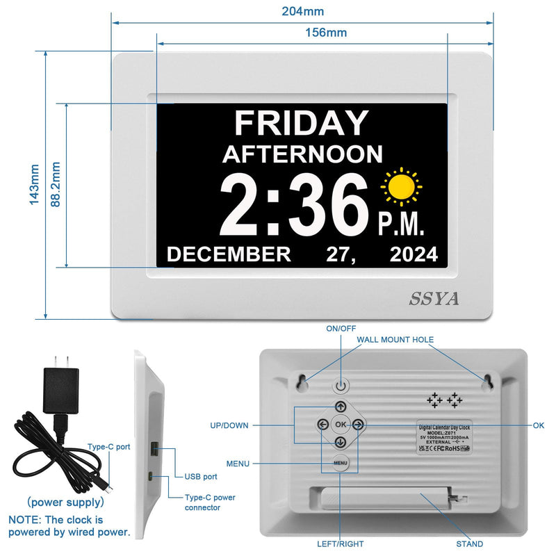 SSYA Digital Calendar Alarm Clock - Dementia Clocks for Seniors, Non-Abbreviated Memory Loss Clock with Date and Time for Elderly (White) 7" White