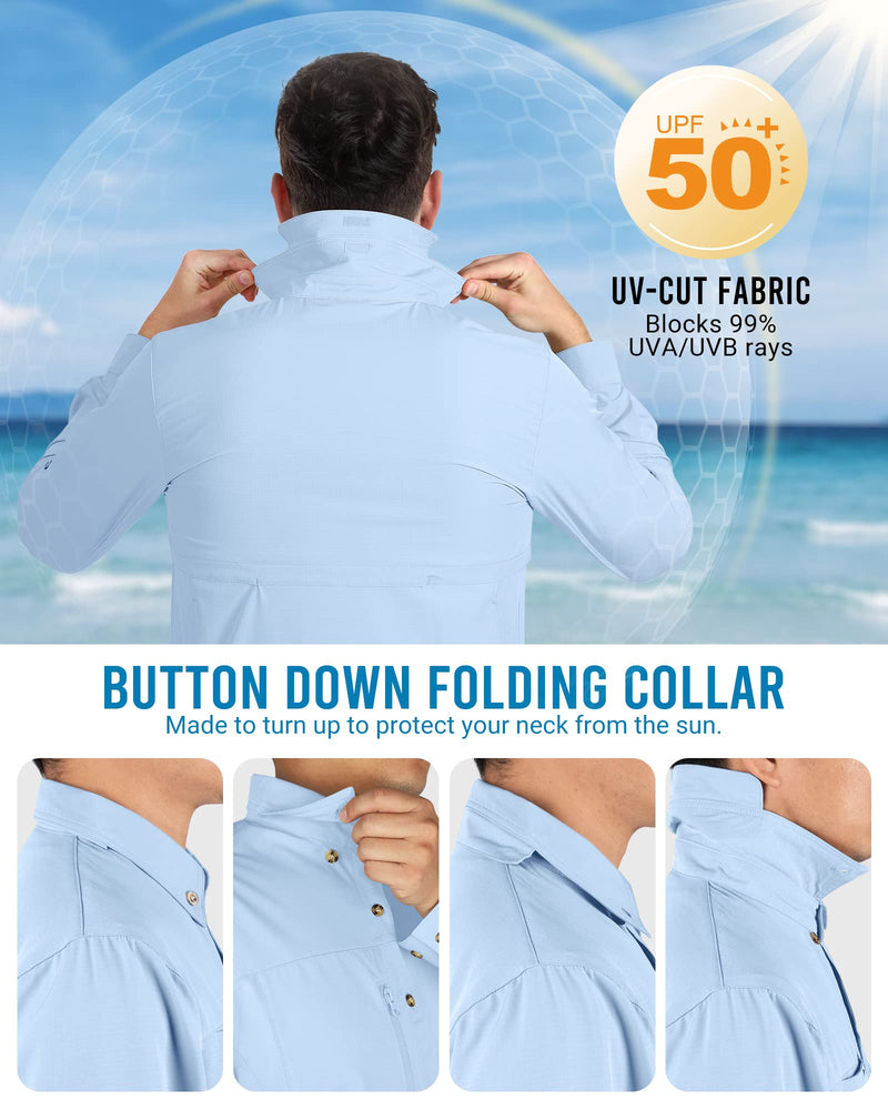 Outdoor Ventures Men's Long Sleeve Hiking Shirt UPF 50 UV Sun Protection Shirt Cooling Quick Dry for Travel Fishing Safari Large Light Blue