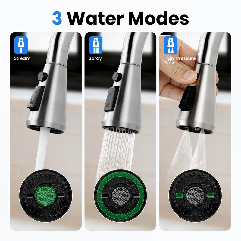 Pull Down Faucet Sprayer Head Replacement, Stainless Steel 3 Function Nozzle with 9 Adapters for Kitchen Sink Faucet, Compatible with Moen Delta Kohler Faucets, Brushed Nickel