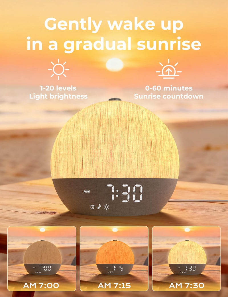 LIORQUE Sunrise Alarm Clock, Digital Alarm Clocks Bedside, Wake up Light with White Noise for Heavy Sleepers, 30 Sleep Sounds, Sleep Timer, Adjustable Volume & Brightness,Screen Free Design, Bluetooth
