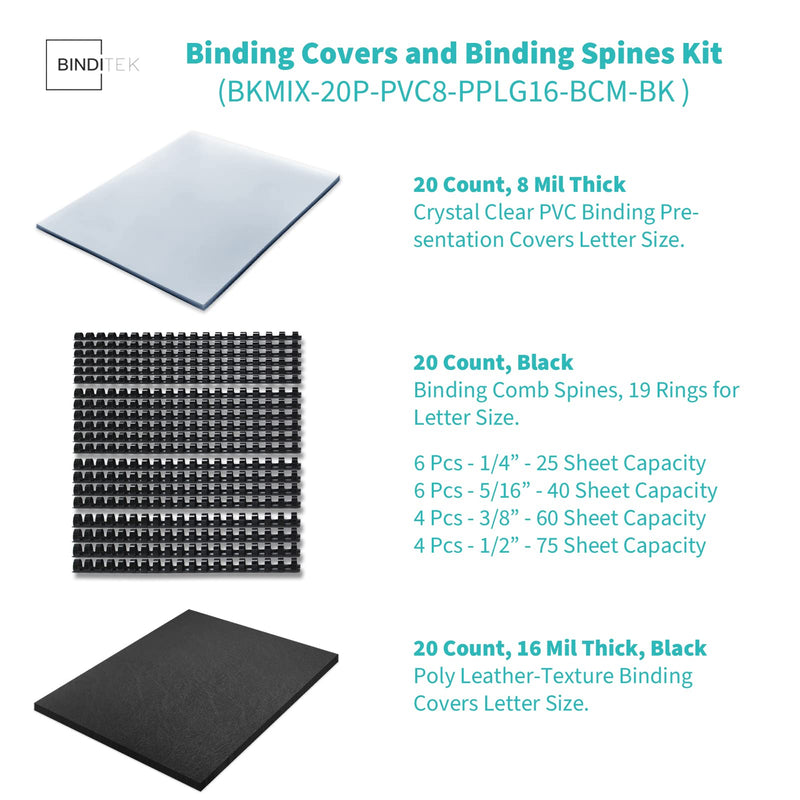 Binditek 60 Pack Binding Covers kit, Includes 20 8Mil Clear PVC, 20 Black Leather-Textured Heavyduty Polycovers, 20 Plastic Comb Spines, for 8.5x11 Inches, Office Supplies