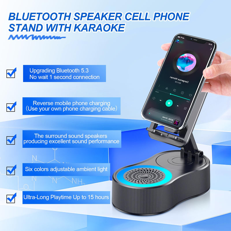 Gifts for Men Women,Cell Phone Stand with Wireless Bluetooth Speaker,Colorful Ambient Light 360° Foldable for Tablet iPhone Android 2 Wireless Microphones HD Surround Sound (Black) Black