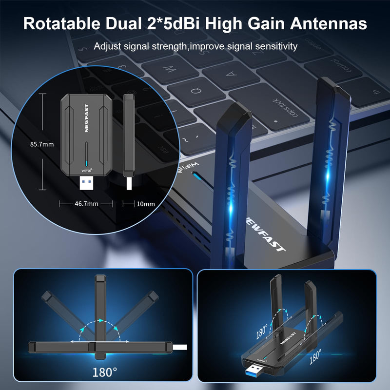 NEWFAST AX5400 USB WiFi 6 Adapter for Desktop PC Tri-Band USB 3.0 WiFi U353 | 6GHz Wireless Network Adapter for Desktop PC,2×High Gain Antenna,Support WPA3,MU-MIMO,OFDMA,WiFi 6E Dongle for Windows 11/10 black