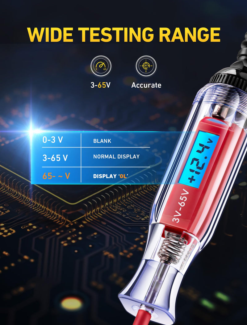  [AUSTRALIA] - Heavy Duty 3-65V Backlit Digital LCD Circuit Tester, Test Light with 140 Inch Extended Spring Wire, Car Truck Low Voltage & Light Tester with Stainless Probe