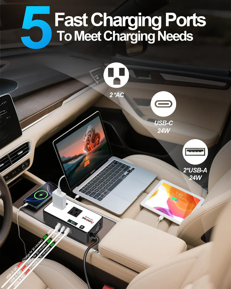 200W Car Power Inverter, Car Plug Adapter Outlet 12V to 110V Converter with 24W USB Fast Charging Port, Dual AC Outlet for Laptop, Vehicles, Camping (LED Display) White
