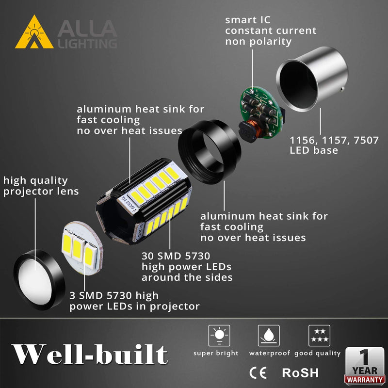 Alla Lighting 2800lm BA15S 1156 LED Bulbs, White Back-up Reverse/Signal/Brake/Tail/DRL Lights 7506 P21W 1141 3497 1003 1073 199 2396 93 97 6000K Xenon Super Bright 12V 5730 33-SMD Upgrade 6000K Xenon White
