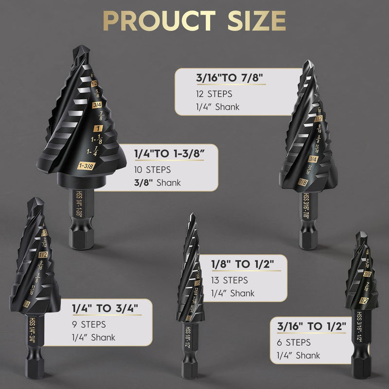 5PCS Titanium Step Drill Bit - Four Spiral Flute HSS Step Bit, 50 Sizes from 3/16" to 1-3/8", Steps Bits for Metal, Aluminum, Wood & Plastic, for Electricians & DIY 5PCS Four Spiral