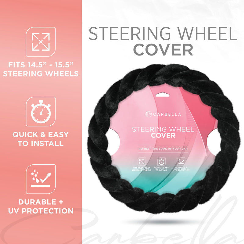 Carbella Twisted Fur Black Soft Steering Wheel Cover, Standard 15 Inch Size Fits Most Vehicles, Fuzzy Fluffy Car Steering Cover with Soft Faux Fur Touch, Car Accessories for Women 1-Twisted Fur Black