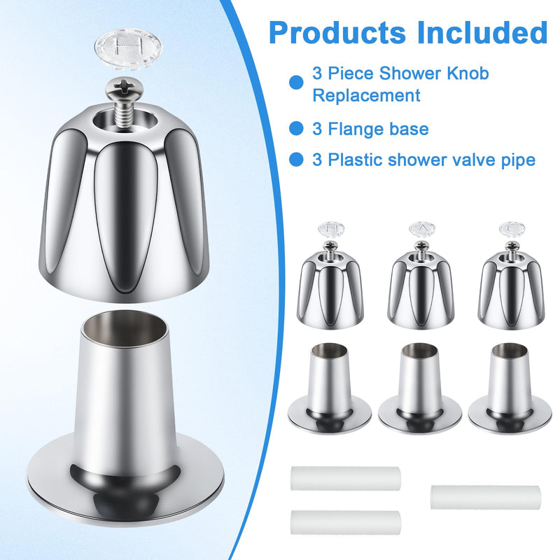3 Piece Shower Knob Replacement, Compatible with Price Pfister Verve and Bathtub Shower Faucet Handle Include Hot/Cold/Diverter Shower Knob and Flange Base (Polished Chrome) 3