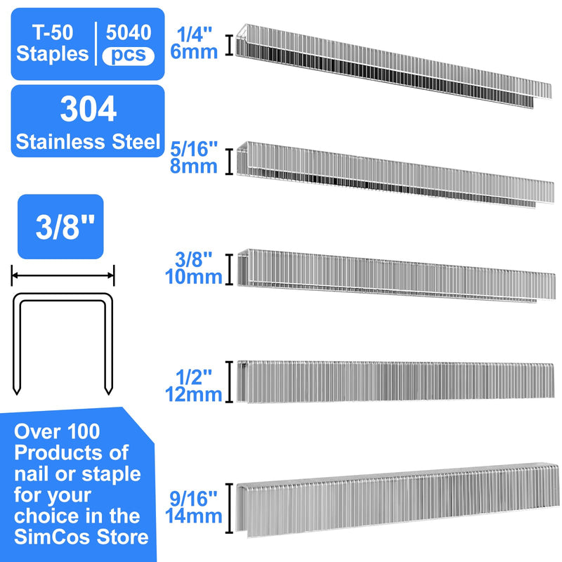 20 Gauge 304 Stainless Steel T/50 Staples - 3/8" Crown Upholstery Staples(1/4",5/16",3/8",1/2",9/16" Leg Length), 5040-Counts, Compatible with Staple Gun & T-50 Stapler 5 sizes--5040 pcs