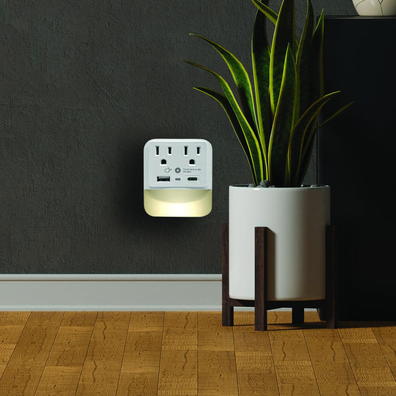 2 Outlet Extender with 1 USB-A & 1 USB-C with White Led Light - Multi Plug Outlet with 300 Joules Surge Protector - Multipurpose USB Outlet with 2.4A Fast Charging (White) 2 Outlet Extender with 1 USB-A & 1 USB-C