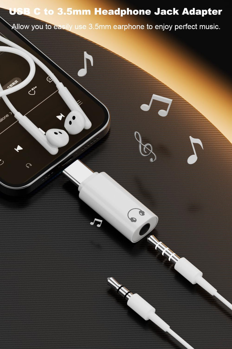 AreMe USB C to Lightning Headphone Adapter, USB C to 3.5mm Audio Adapter | USB Male to Type C Female Converter Connector (White, 4 Pack)