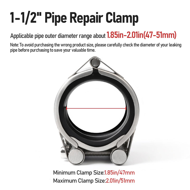 Upgraded Pipe Repair Clamp with M1 Self-Adhesive Leak-Sealing Tape | 304 Stainless Steel Rust-Proof Emergency Pipe Repair Kit for Plastic & Metal Pipes, 1-1/2"(47-51mm) 1-1/2"(47-51mm)