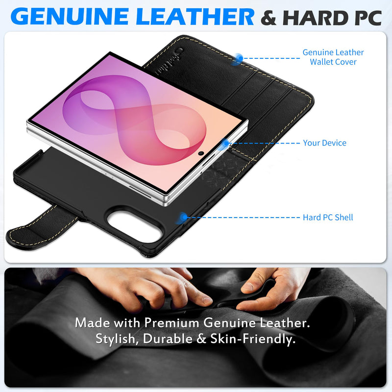 SHIELDON Real Leather Case Wallet for Galaxy Z Fold8 7.6", Retro Black | RFID Blocking, Credit Card Holder, Magnetic Closure, Kickstand, Folio Design, Shockproof Phone Cover
