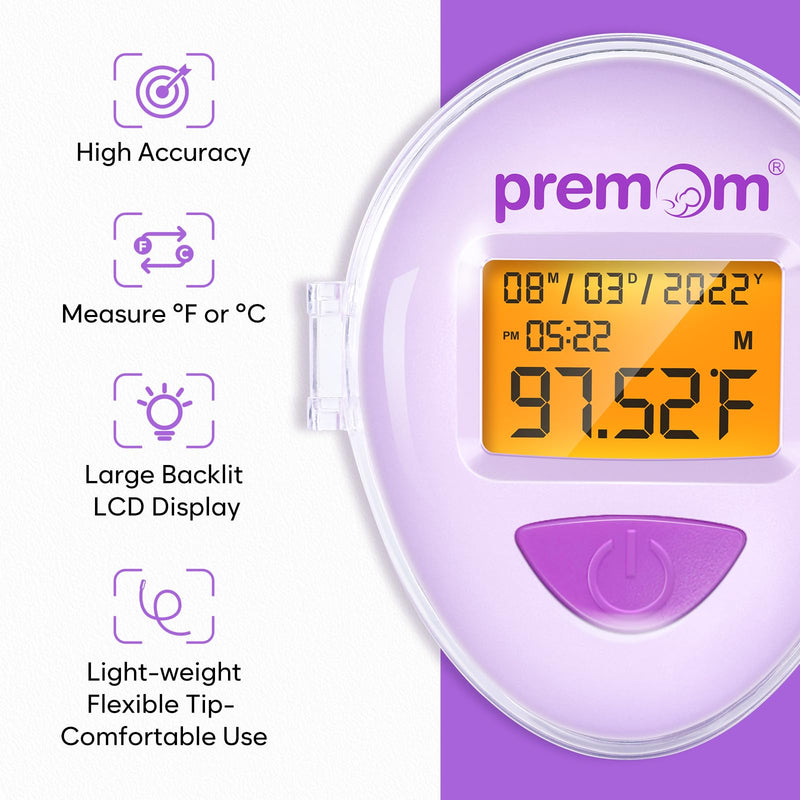 Premom Smart Basal Body Thermometer for Ovulation: Long-Tip for Hands-Free, Digital LH Tracker with 1/100th Degree High Precision, Backlight & 60 Memory | App Supported | EBT-380