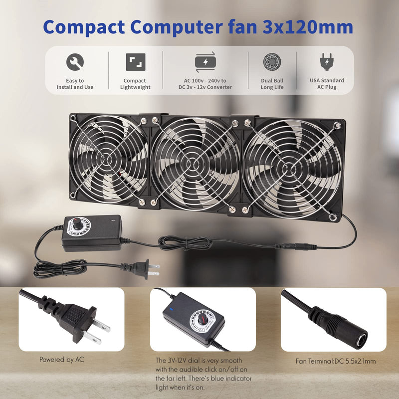 3X 120mm 12V Computer Fan with DC to AC 110V - 240V Speed Controller, Cooling for Window Cabinet Chassis Machine Server Workstation Refrigerator, Greenhouse