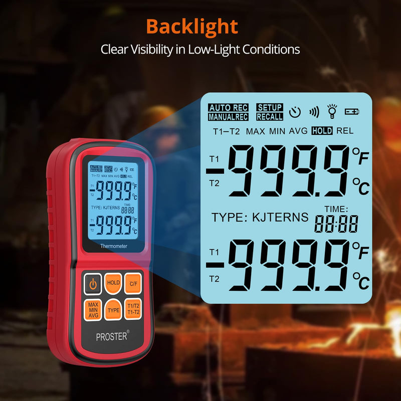 Proster Digital Thermocouple Temperature Thermometer Dual Channel - with Two K-Type Thermocouple Probe, Backlight LCD Thermometer for K J T E R S N Type Red
