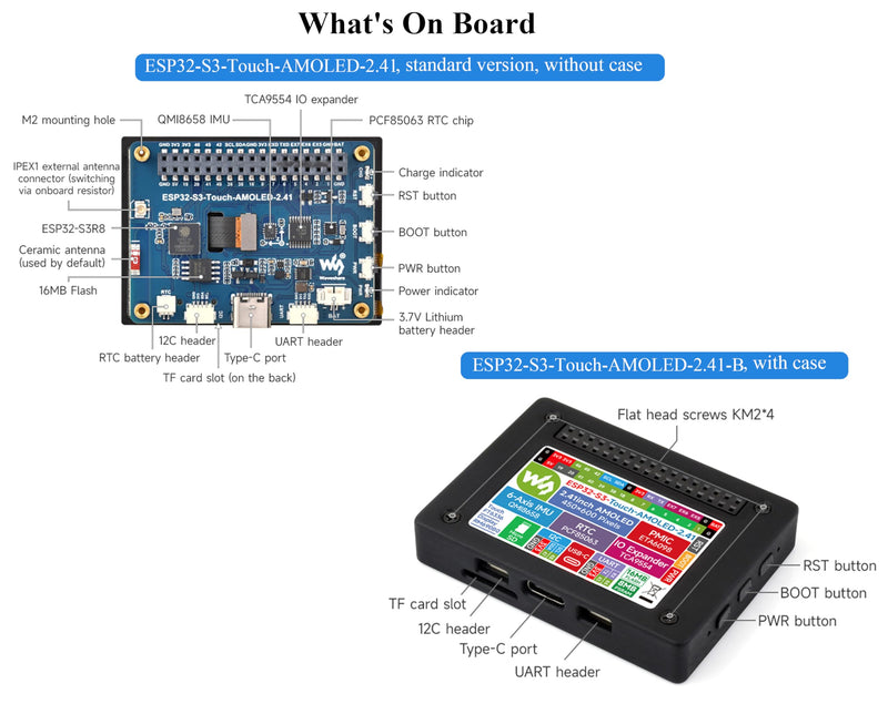 ESP32-S3 2.41inch AMOLED Touch Display Development Board, 600x450, 32-bit LX7 Dual-core Processor, Onboard Accelerometer and Gyroscope Sensor, ESP32 with Display (with Case Version)