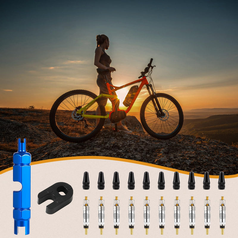 10pcs Valve Core for Presta, Tubeless Valve Core Bike Bicycle Replacement with 2 Plastic & Alloy Valve Core Remover Dismantle Removal Tools & 10 Valve Stem Core Caps for Tubeless Road MTB Tires