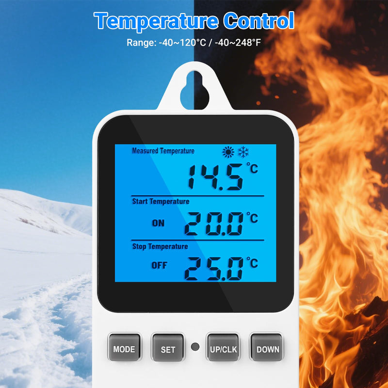 Temperature Controlled Outlet Thermostat Plug 120V Heating Cooling Control Timer Thermostat Outlet Backlit Display Digital Temperature Controller Tc810