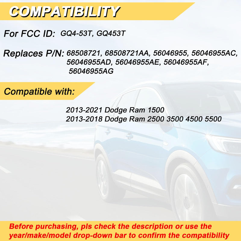 Key Fob Replacement for 2013-2021 Dodge Ram 1500/13-18 Ram 2500 3500 4500 5500 Car Keyless Entry Remote Control,GQ4-53T,4 Buttons,2Pcs