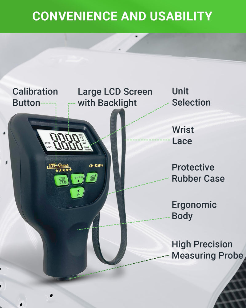 Paint Thickness Gauge – CM-224Pro Automotive Coating Thickness Meter 0–59.1 mils (0–1500 µm), 0.01 mils (0.1 µm) Resolution, Fe/NFe/Zn Auto Detection, Auto Calibration Fe/Al/Zn