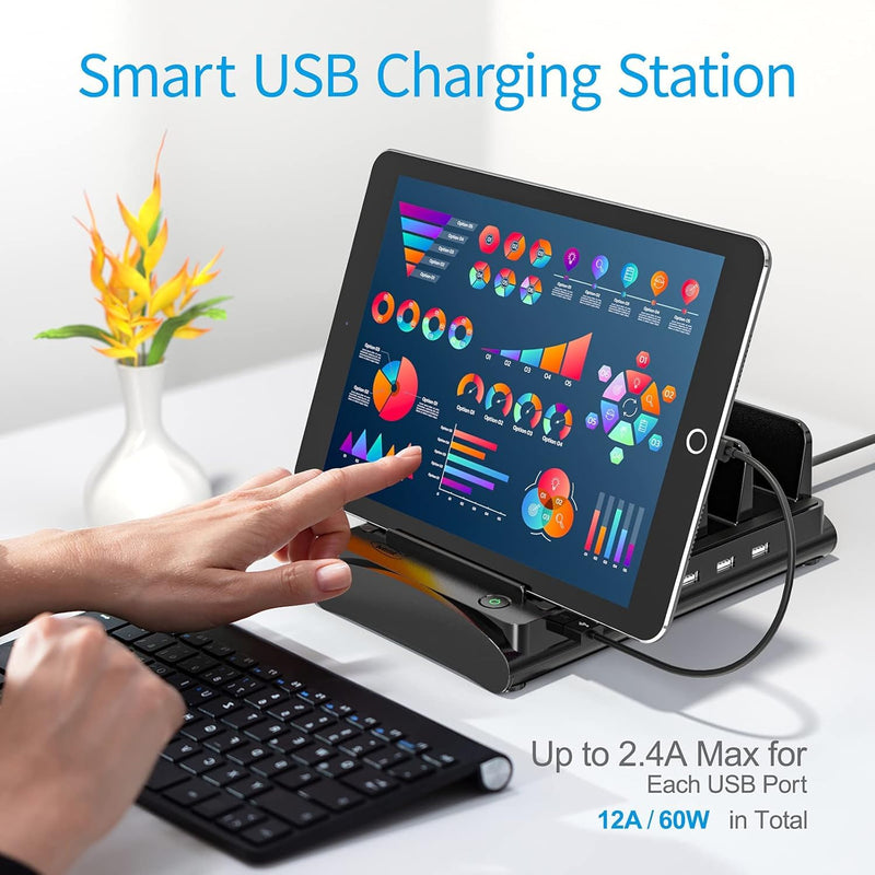 Charging Station for Multiple Devices, Bototek 60W 6 Ports Multi Charger Station for iPhone, iPad, Cell Phone, Tablets, and Other Electronics (6 Ports-Black) 6 ports-black