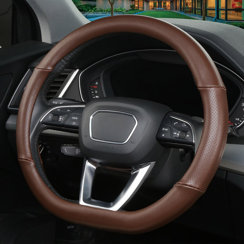 Cxtiy D Shaped Steering Wheel Cover, Genuine Leather Flat Bottom Stearing Wheel Cover Luxury Car Accessories 14 1/2-15 inch (Brown) Brown