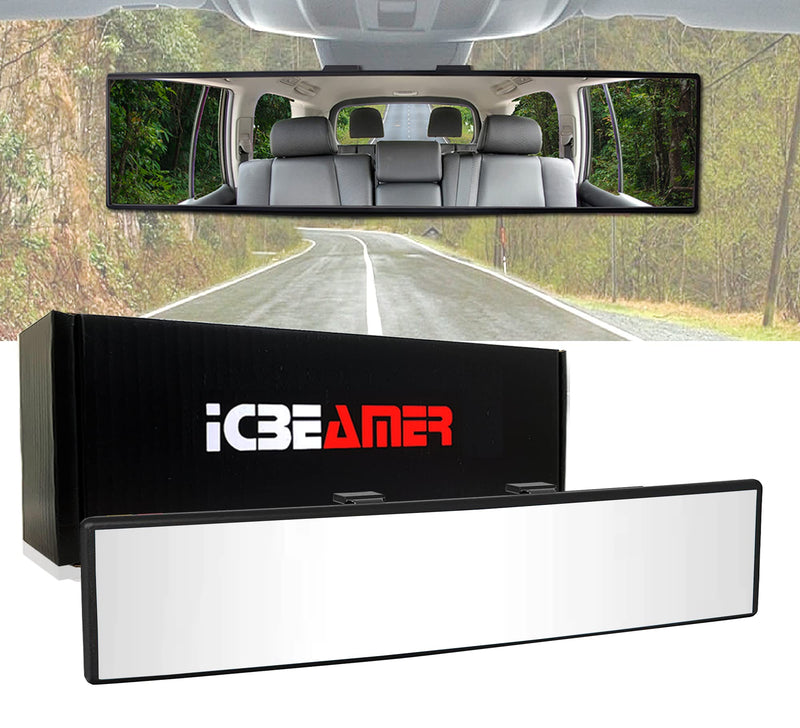 ICBEAMER 10.6" Car Rear View Mirror, HD Clear Tint, Panoramic Wide Angle Convex Surface, 2 Interior Retractable Rubber Clips, Anti Glare, Automotive Accessories Universal for Truck, Car, SUV, 1 Pack 10.6"- Convex