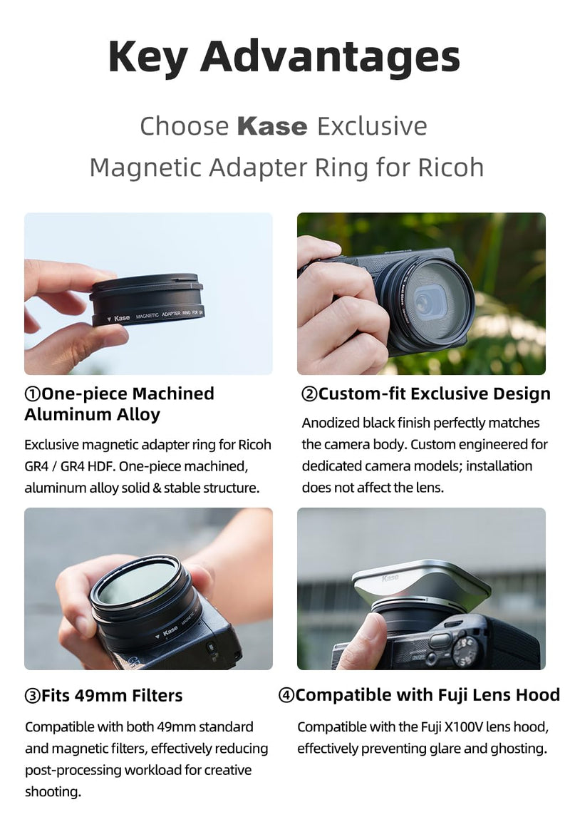 Kase Magnetic Adapter Ring Compatible with Ricoh GR4 Camera Accepts Kase 49mm Filters