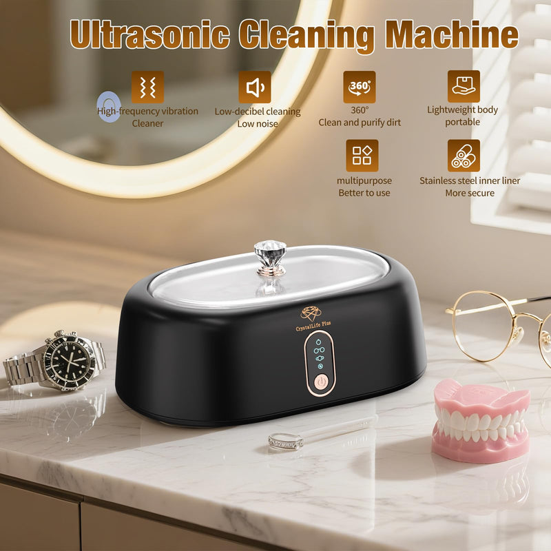 Ultrasonic Cleaner - 45KHz Ultrasonic Cleaner Machine for All Jewelry, Eyeglasses, Watch Straps, Retainer, Dentures. 16oz 304 Stainless Steel Tank with 4 Cleaning Modes, Gift for Wife,Mom,Daughter Black