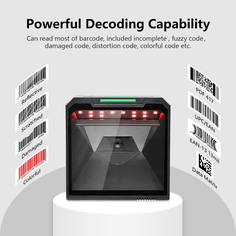 OBZ 1D 2D QR Desktop Barcode Scanner Omnidirectional Hands-Free USB Wired Barcode Reader 1D 2D PDF417 Barcode Scanner Automatic Sensing Scanning for POS PC Retail Store Supermarket Bookstore
