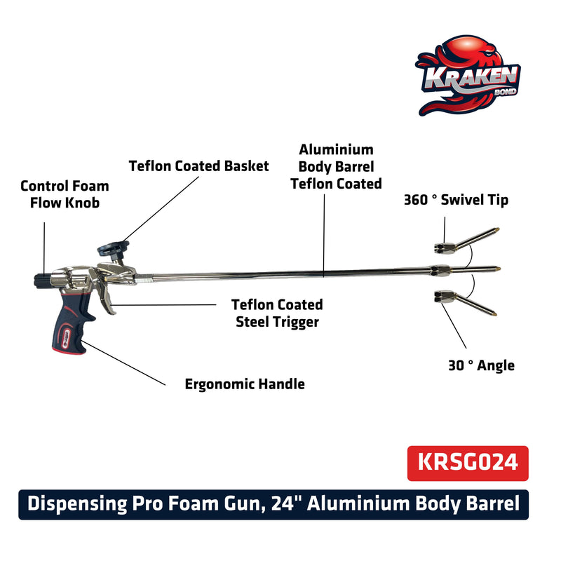 Kraken Bond PRO Spray Foam Gun - 24" (2 ft) - 1 Pack - Non-Stick Teflon Coated Basket, Long Nozzle, 360° Swivel Tip, Aluminum Body - Perfect for Homeowners and Professionals 360° Spray Foam Gun 24"