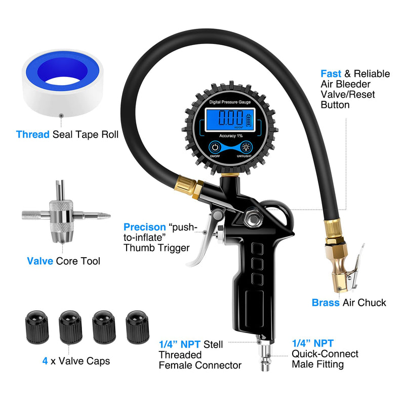 Nilight 50026R Digital Tire Inflator Pressure Gauge,250 PSI Air Chuck and Compressor Accessories Heavy Duty with Rubber Hose Quick Connect Coupler for 0.1 Display Resolution Tire Pressure Gauge Style 1
