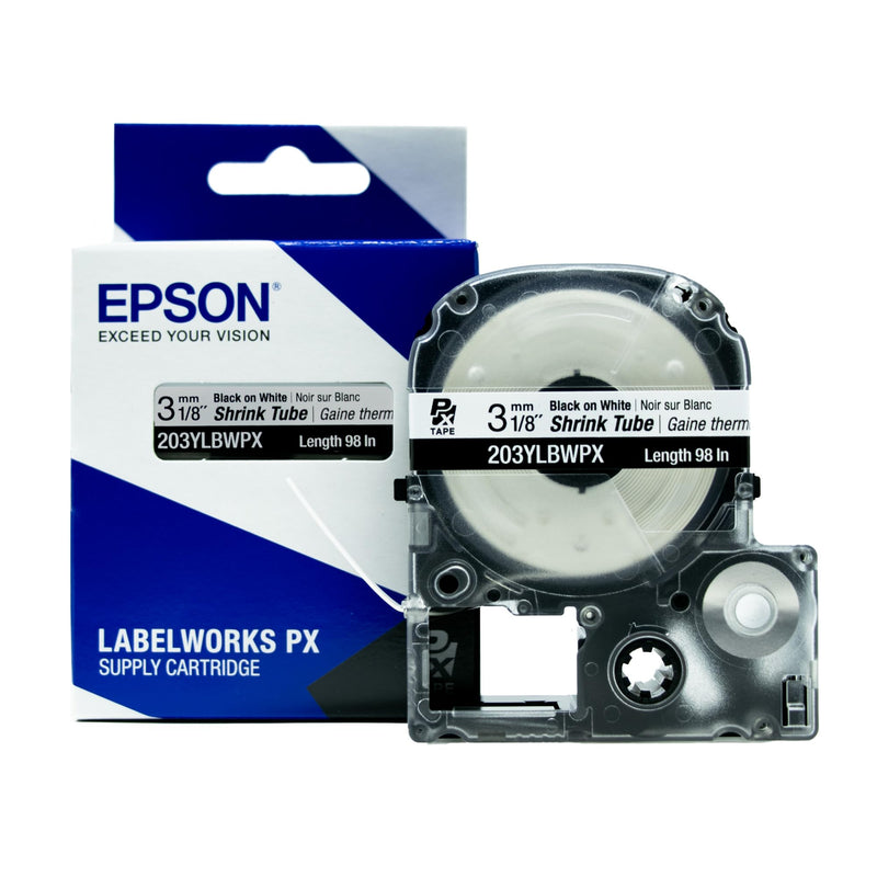 Epson LABELWORKS 203YLBWPX Tape Cartridge - Black on White Shrink Tube Industrial Label Maker Tape - AWG 16-22, 1/8" (3MM) Wide, 8 ft (98") 3MM(16-22AWG)