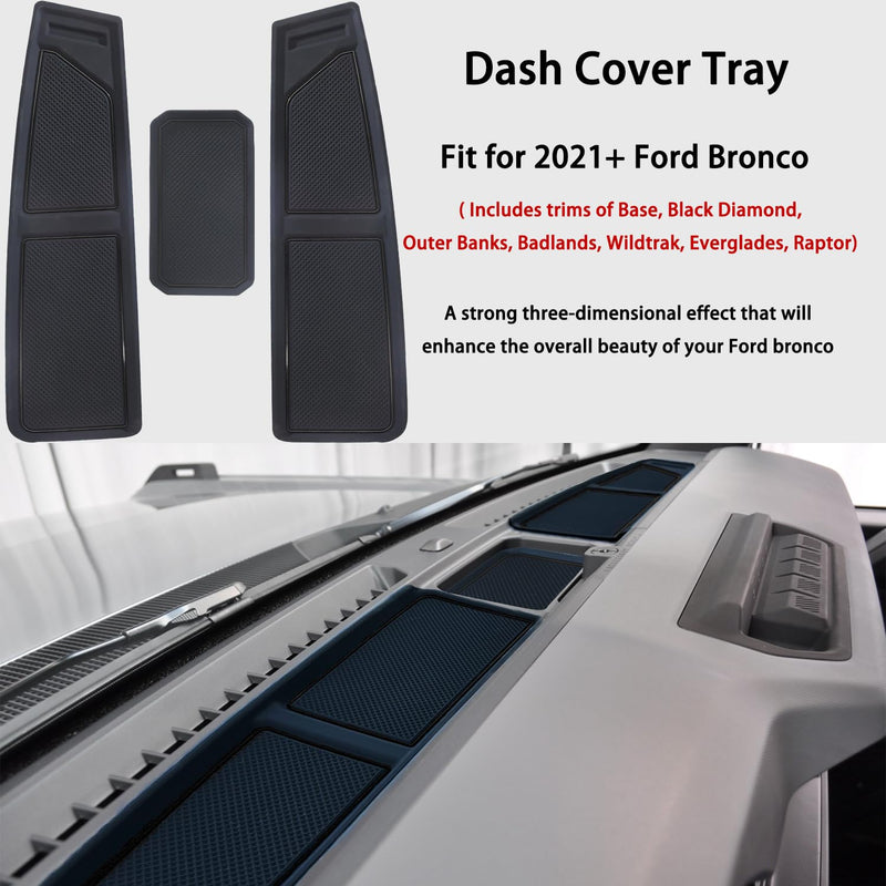 Dash Cover Tray for Ford Bronco Accessories 2021-2023 2024 2025, Dashboard Compartments Mat, Anti-Slip Silicone Insert, Anti Dust Interior Dash Pad Liner for Bronco 2/4-Door (3pcs, Black Trim) 3 Pcs
