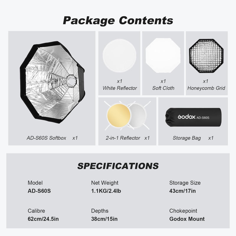 Godox AD-S60S Softbox Godox Mount Softbox 60cm/23.6inch with Grid Diffusers Reflector Carry Bag for AD400 Pro AD300 Pro Strobe Flash and ML100bi ML100RGB ML60 ML60Bi ML60II Bi ML30 ML30Bi LED Light