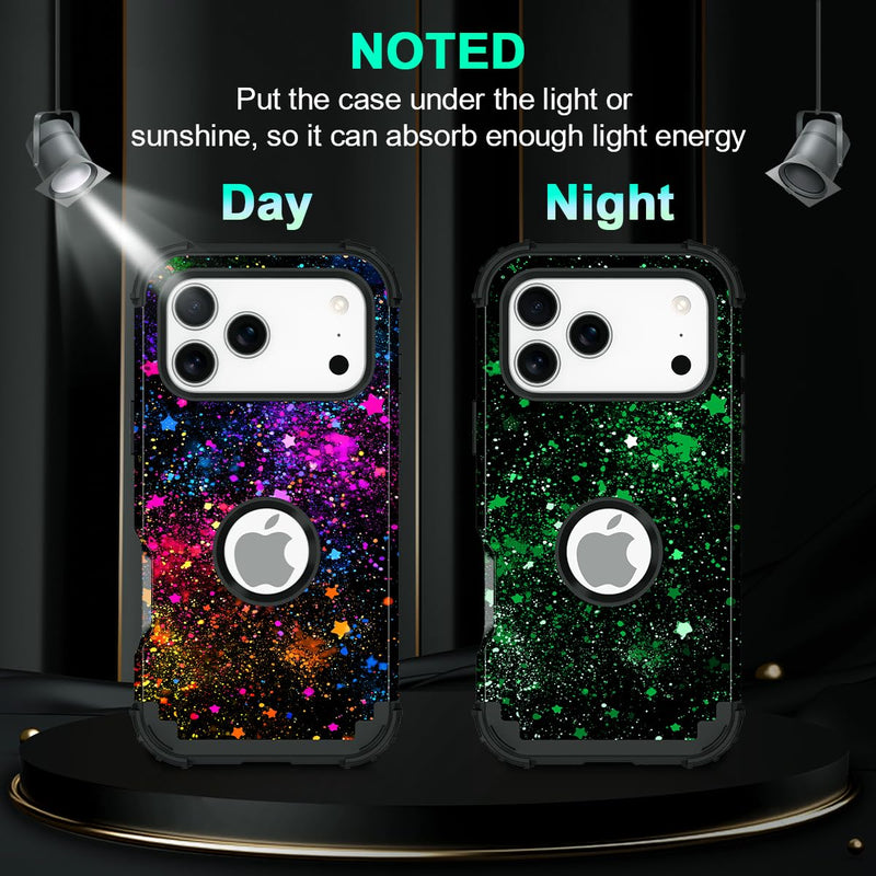 Casetego for iPhone 17 Pro Max Case,Glow in The Dark Three Layer Heavy Duty Sturdy Shockproof Full Protection Rugged Hard PC+Soft TPU Bumper Case for iPhone 17 Pro Max 6.9 inch,All Colorful Sky All Black Colorful Sky