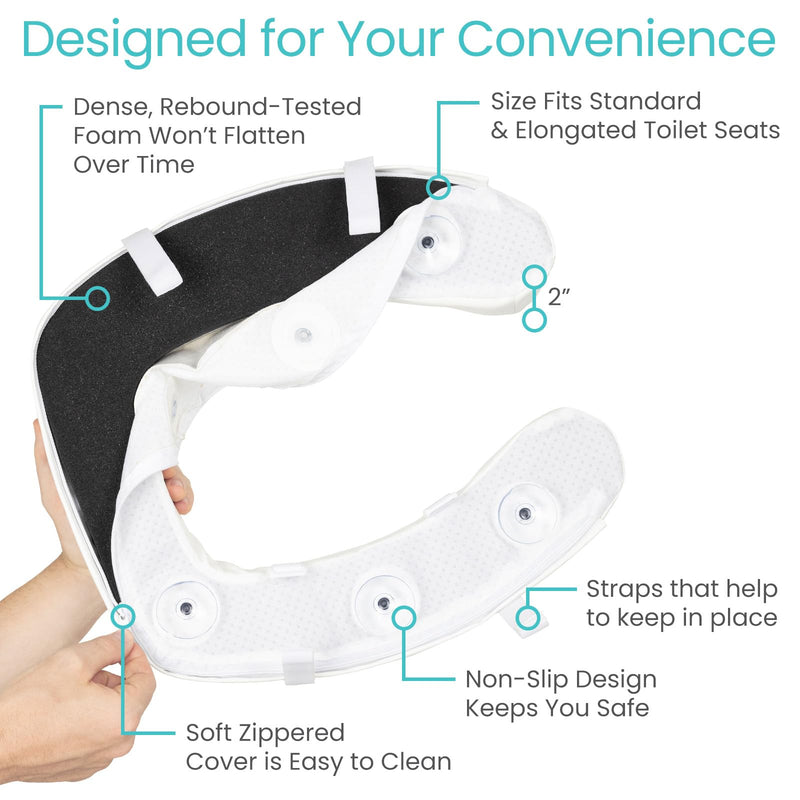 Vive Toilet Seat Riser Cushion for Seniors - Universal Fit - Raised Toilet Seat with High-Density Foam for Elongated & Standard - Firm Handle, Cushioned & Padded - Elevated Medical Handicap Lifter White Dense Riser 2” Height