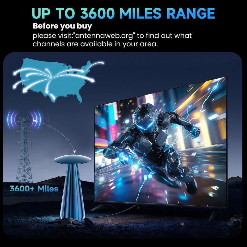 3600+ Miles Range TV Antenna Indoor, 2026 Digital Antenna for Smart TV, HDTV Antenna for Local Channels with Signal Amplifier, Supports 4k 8k 1080p All TVs -38ft Coax Cable Black
